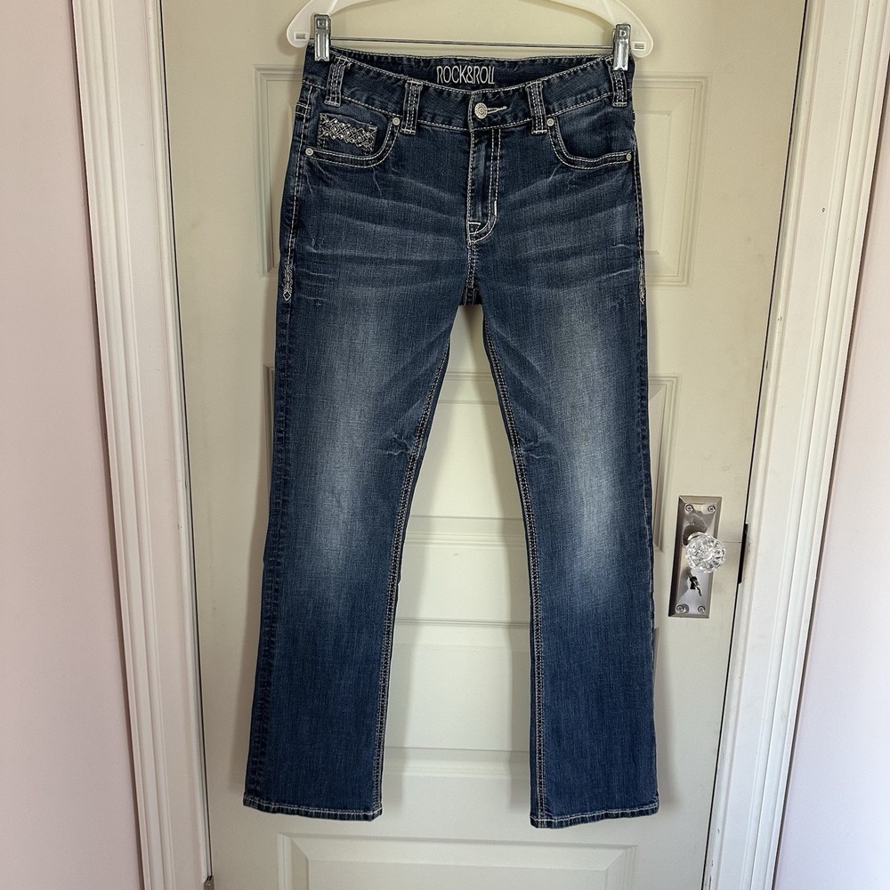 Rock and Roll Cowgirl Women's Boyfriend Embroidered Pocket Jeans Stretch 26 X 32